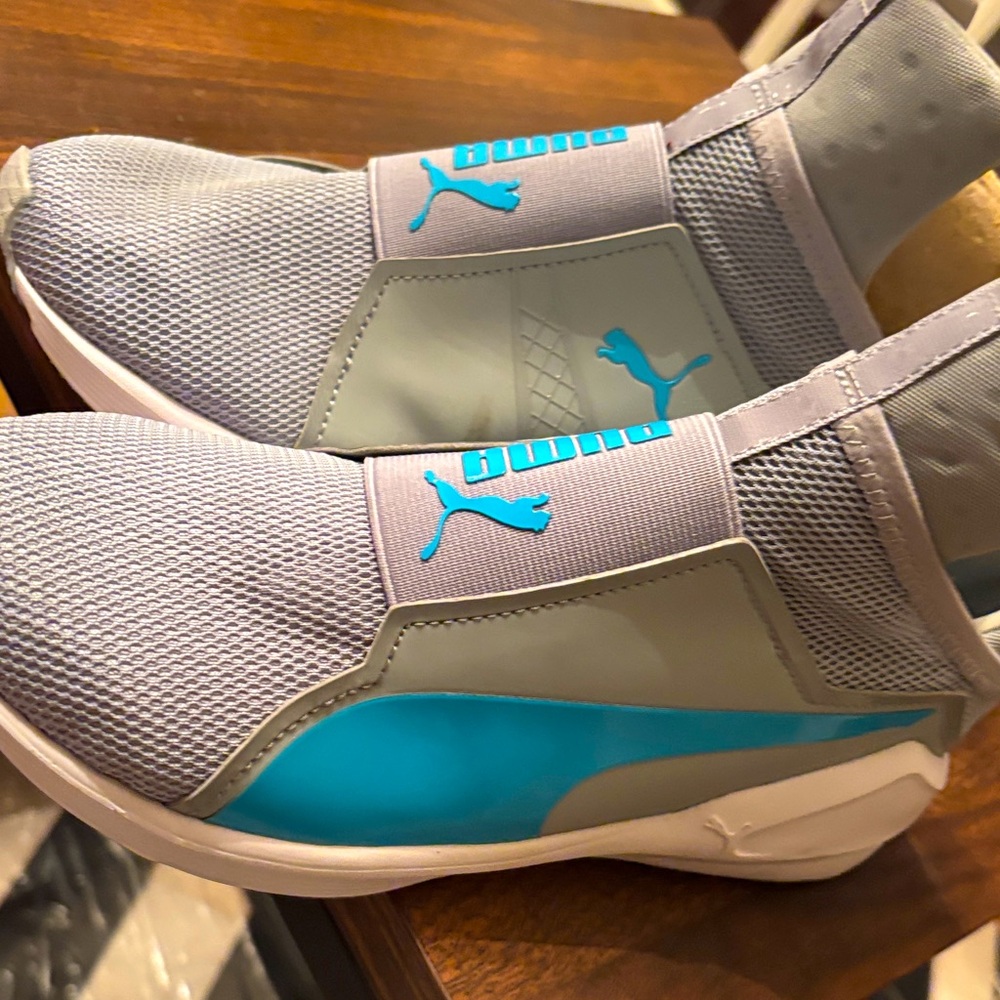 Puma Light Gray and Aqua Slip-On Sneakers